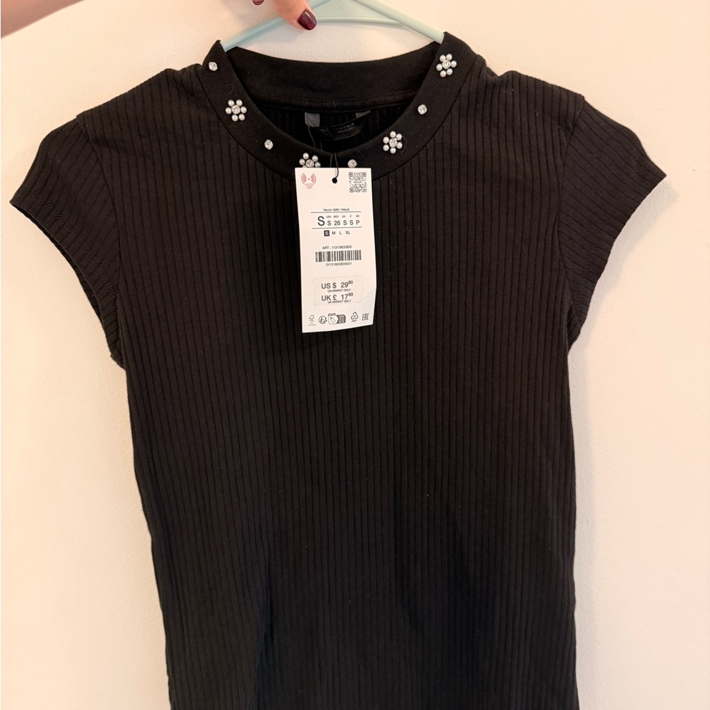 Zara Black Ribbed Tee with Pearl Detail